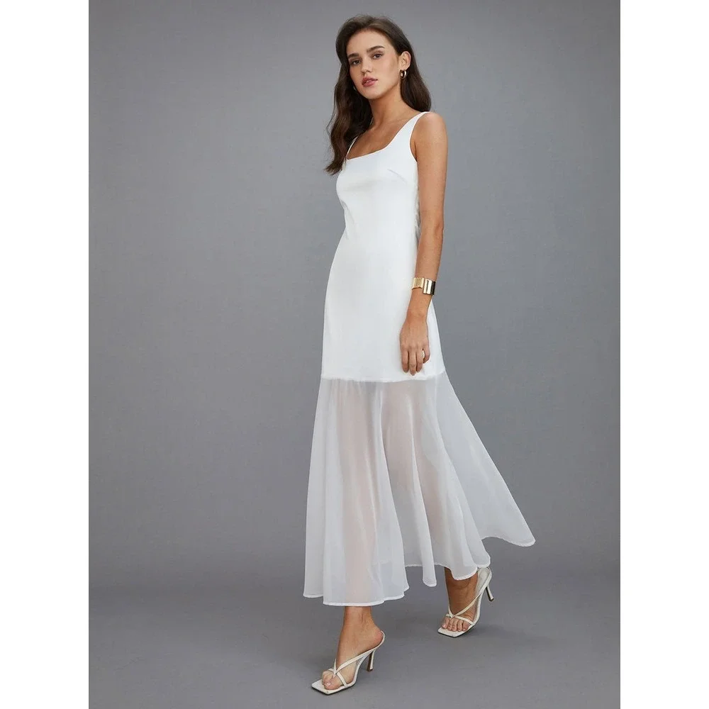 Commense White Maxi Dress Sheer Panel Sleeveless Party Cocktail Dress size S